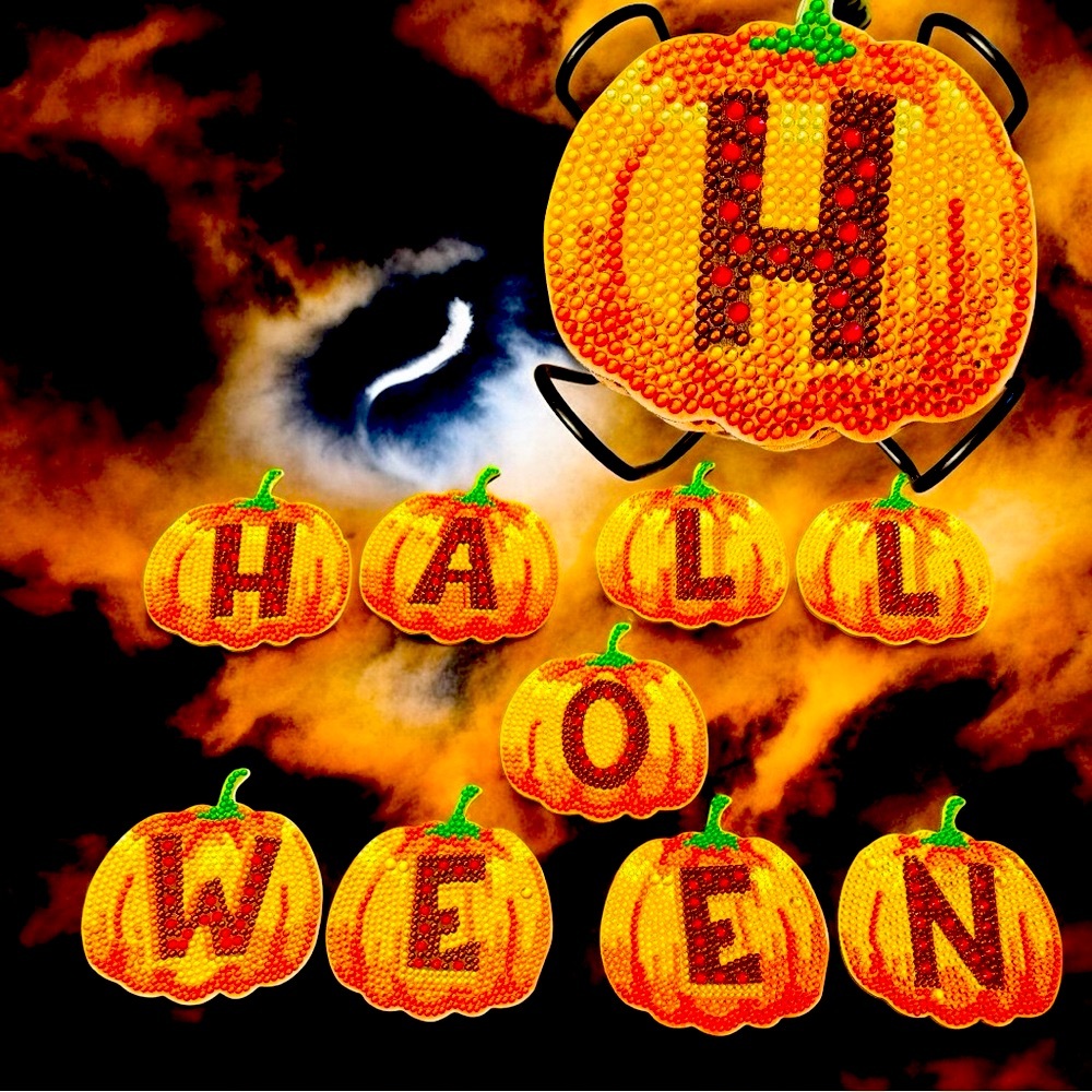 Coaster Set of 9 Halloween Pumpkins Hand Crafted & Sealed with Holder